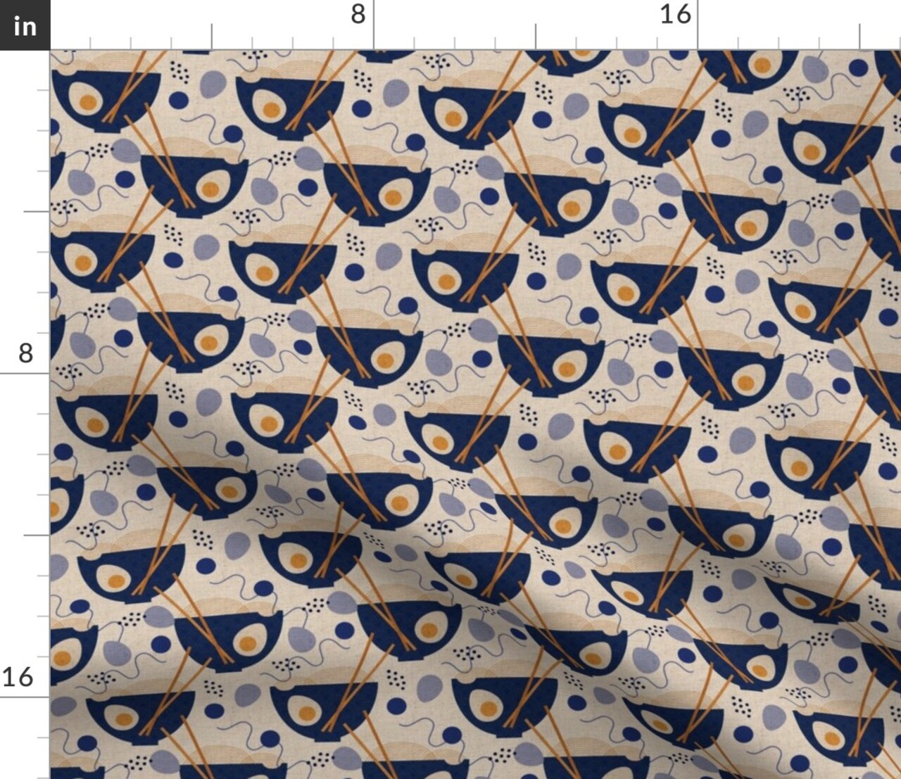 Ramen Food Blue Beige Japanese Boiled Egg Chopsticks Custom Printed Fabric by Spoonflower Various Fabrics by the Yard or Fat Quarter